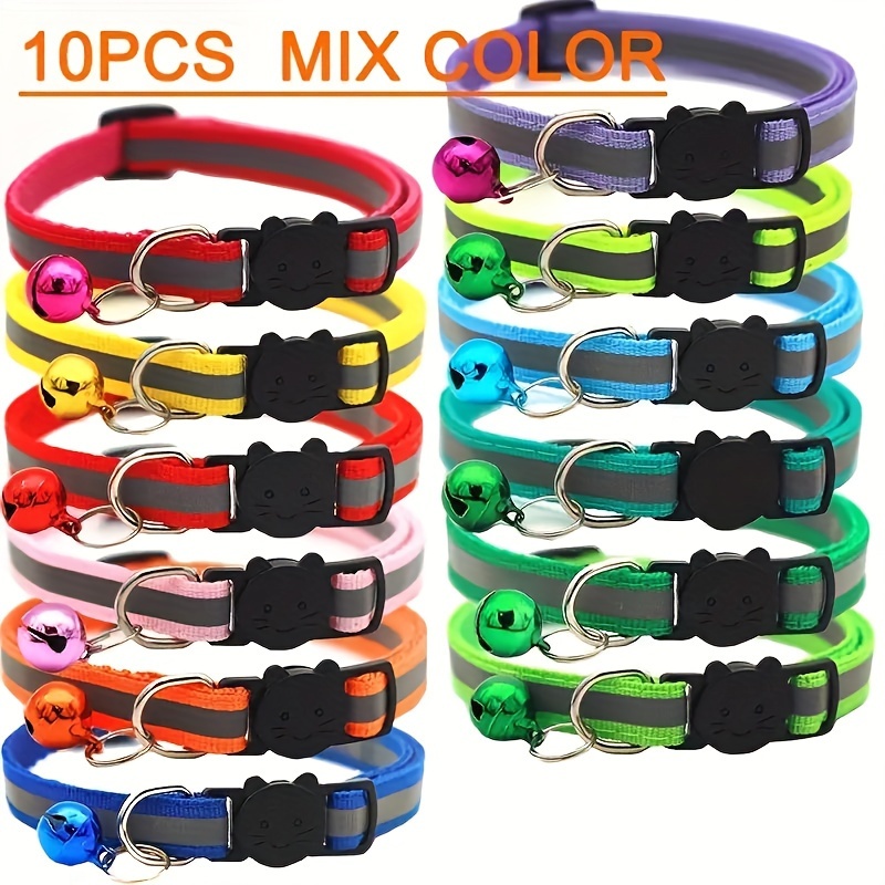 Set od 10 reflektujućih sigurnosnih ogrlica za mačke – poliamid, kopča za otpuštanje, zvonce, podesive, razni dezeni